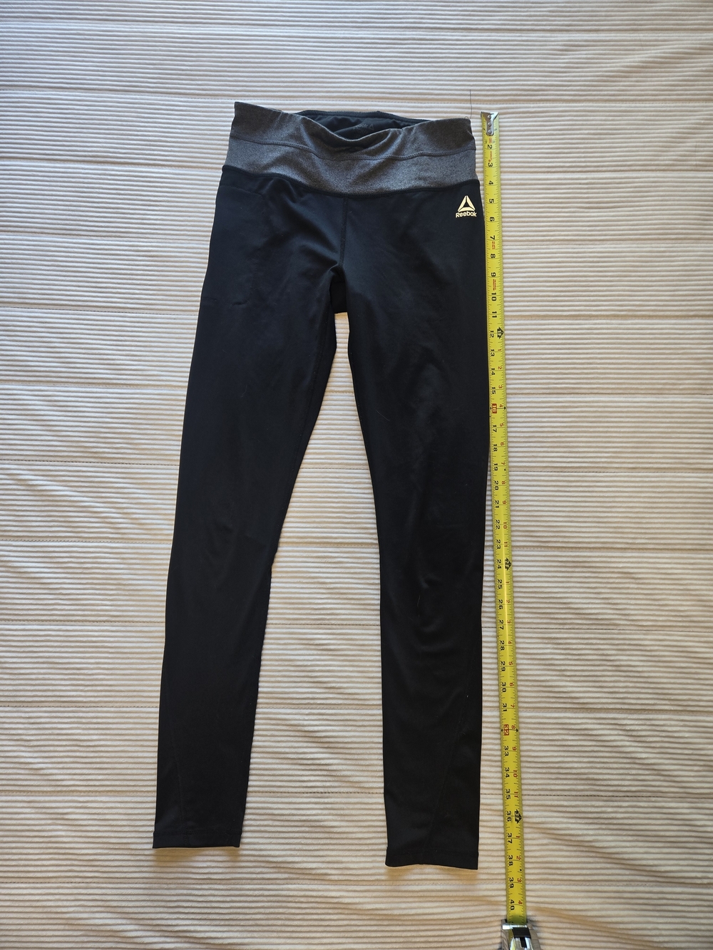 Reebok Black Leggings with Gray Waistband and Yellow Logo